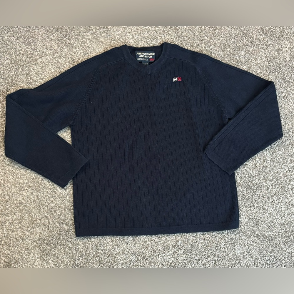 Abercrombie Fitch AF92 Men’s Navy Blue Pullover Knit‎ Sweater XL Ribbed #0001